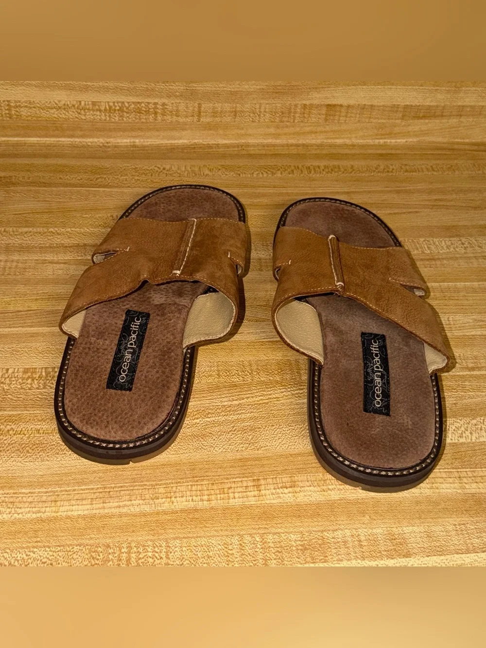 OP ocean pacific Men's size 8 slides slip on Tan Brown Leather Slide Sandals